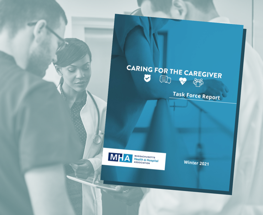 A group of clinicians in coversation. The cover of MHA's Caring for the Caregiver report is overlayed