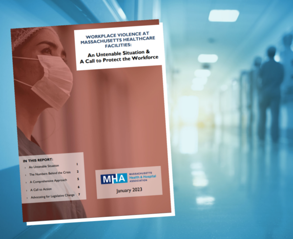 A hosptial hallway with MHA's Workplace Violence report cover overlayed