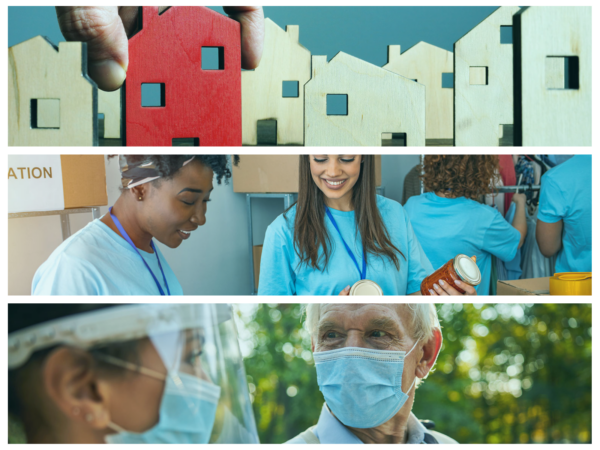 Collage of a neighborhood, a food drive, and a senior interacting with a caregiver