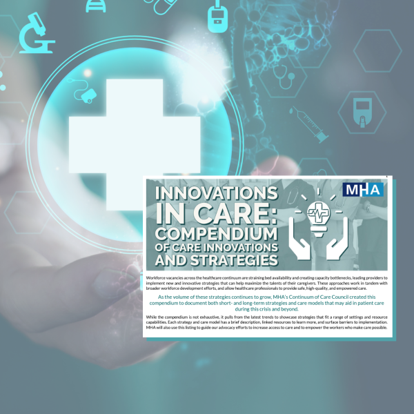 An open hand revealing medical innovation icons. The cover of MHA's Innovations in Care compendium is overlayed.