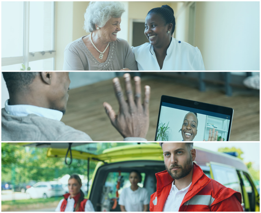 A collage of an elderly patient and caregiver, a patient completing a telehealth visit, and a group of EMTs outside an ambulance