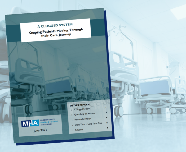 A row of empty hospital beds with MHA's Throughput Report overlayed