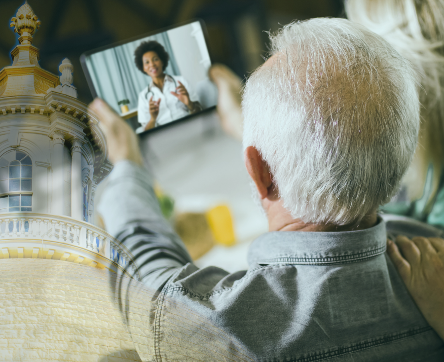 A senior conducts a telehealth visit with a clinician. Massachusetts State House is overlayed.