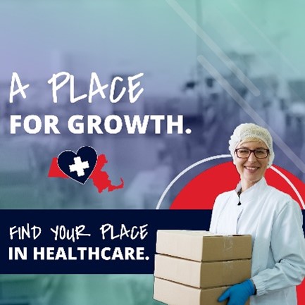A smiling hospital worker carrying boxes. The text overlay reads "A Place for Growth. Find your place in Healthcare."